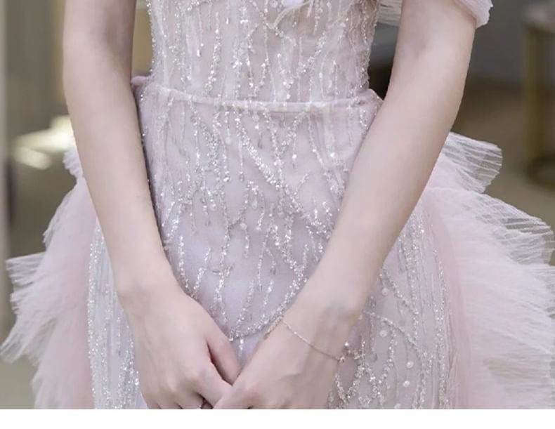 Off-Shoulder Evening Mesh Sequin Accent Gown Flower Panel Mermaid