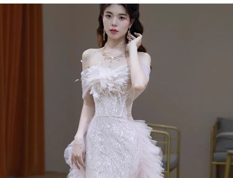 Off-Shoulder Evening Mesh Sequin Accent Gown Flower Panel Mermaid