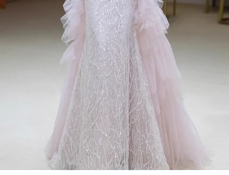 Off-Shoulder Evening Mesh Sequin Accent Gown Flower Panel Mermaid