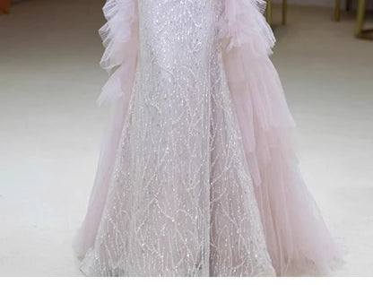 Off-Shoulder Evening Mesh Sequin Accent Gown Flower Panel Mermaid