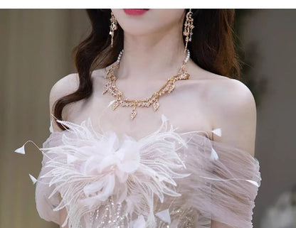 Off-Shoulder Evening Mesh Sequin Accent Gown Flower Panel Mermaid