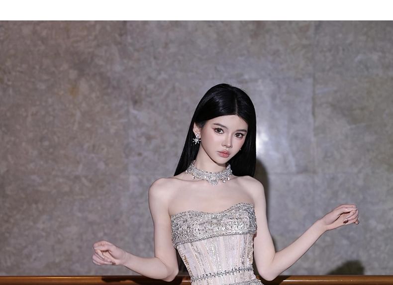 Strapless Embellished A-Line Evening Gown