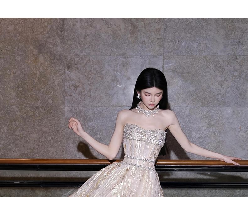 Strapless Embellished Evening A-Line Gown
