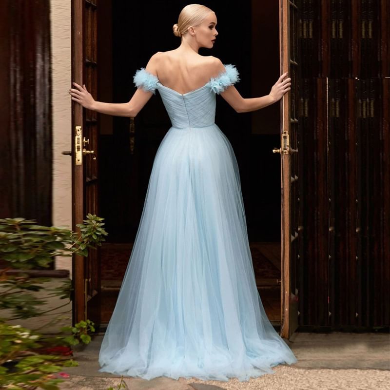 Off Shoulder Plain Sheer Panel Evening Gown