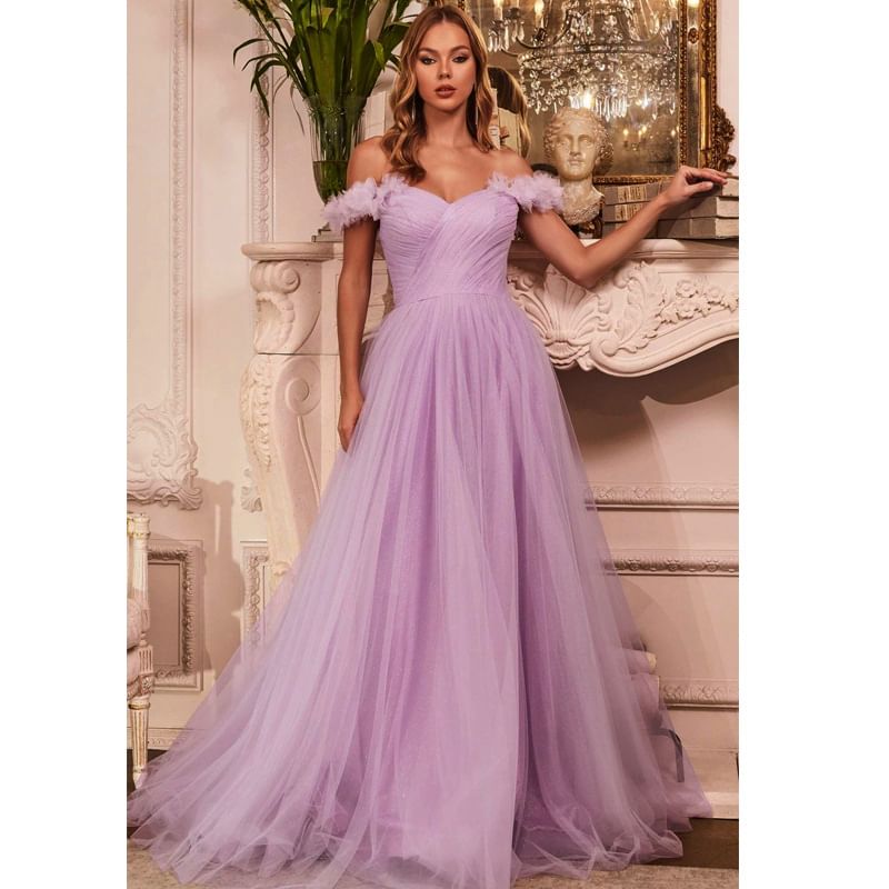 Off Shoulder Plain Sheer Panel Evening Gown