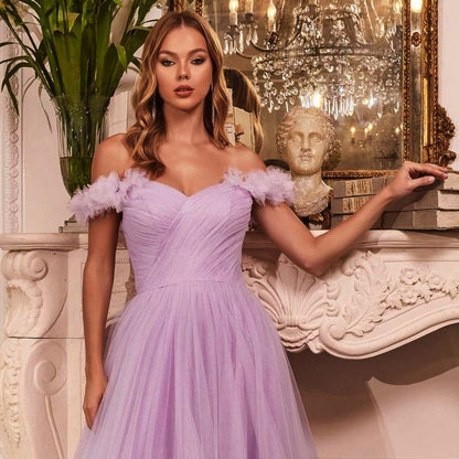 Off Shoulder Plain Sheer Panel Evening Gown