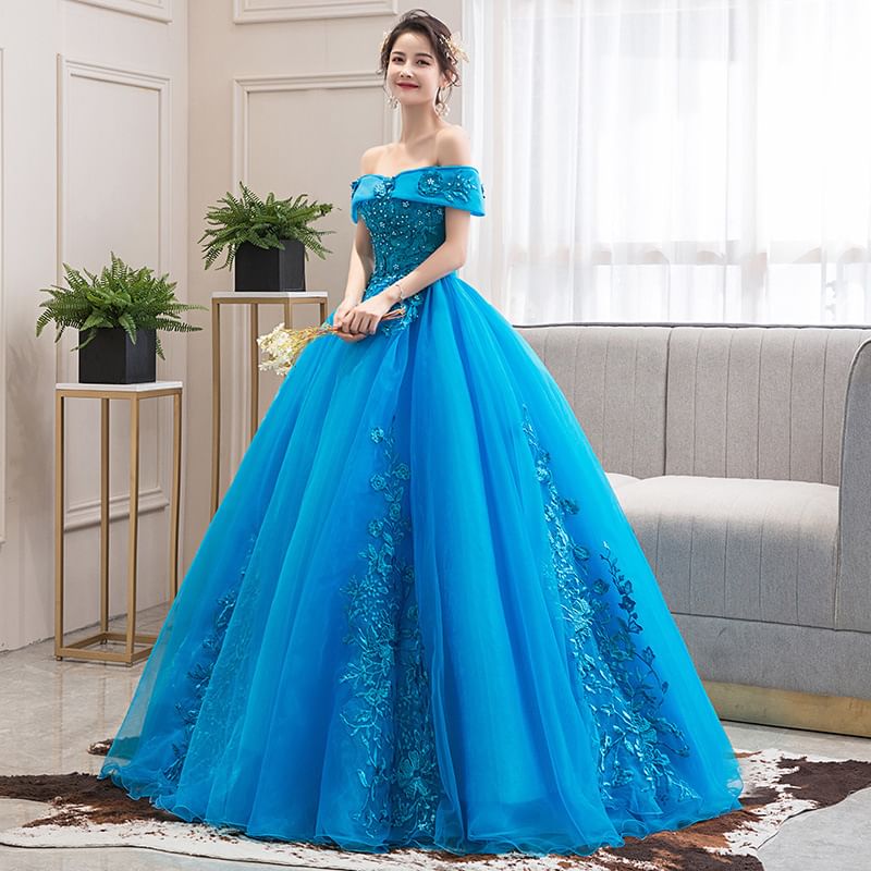 Off-the-Shoulder Floral Embroidered Evening A-Line Gown