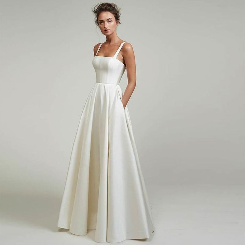 Spaghetti Strap Square Neck Plain A-Line Evening Gown