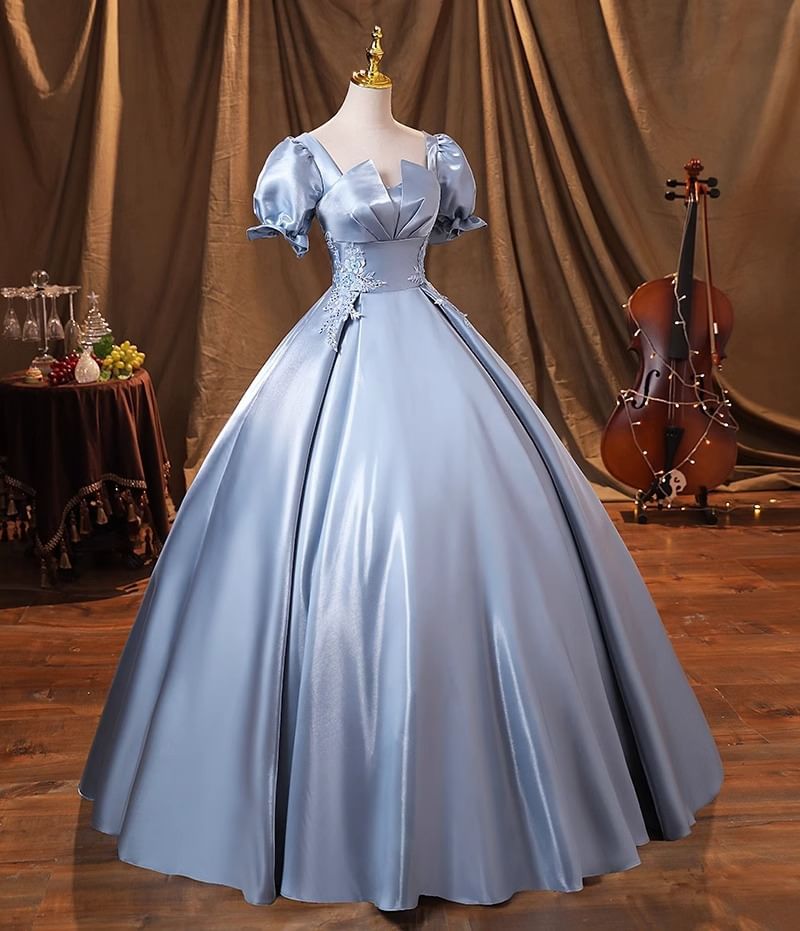 Short-Sleeve Ball Evening Neck Plain Gown Square Embroidered