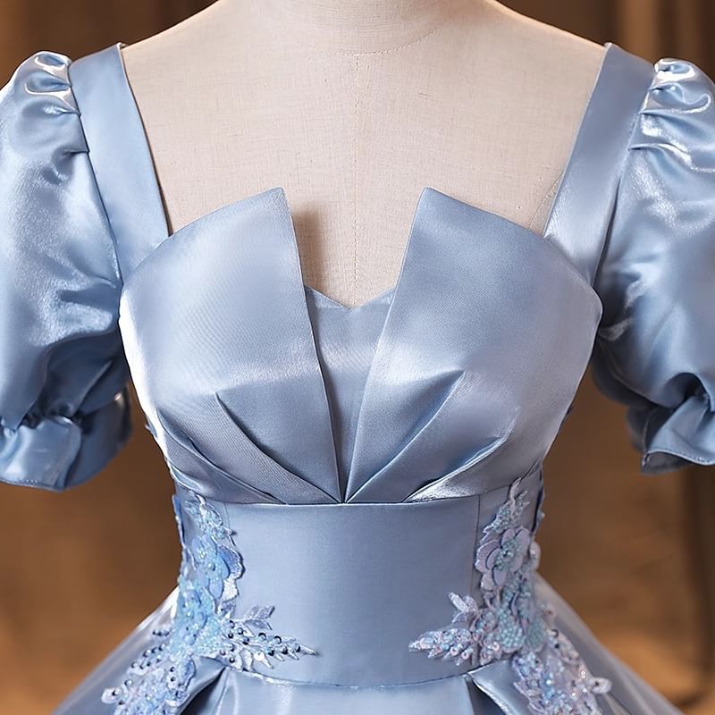 Short-Sleeve Ball Evening Neck Plain Gown Square Embroidered