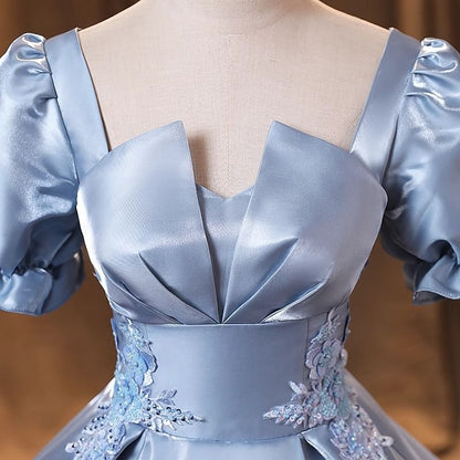 Short-Sleeve Square Neck Plain Embroidered Evening Ball Gown
