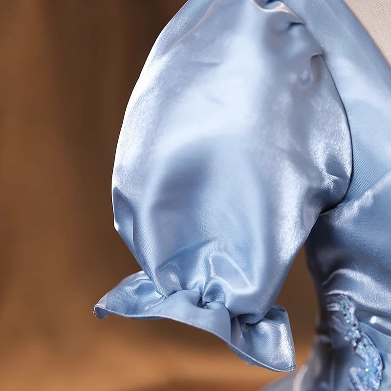 Short-Sleeve Ball Evening Neck Plain Gown Square Embroidered