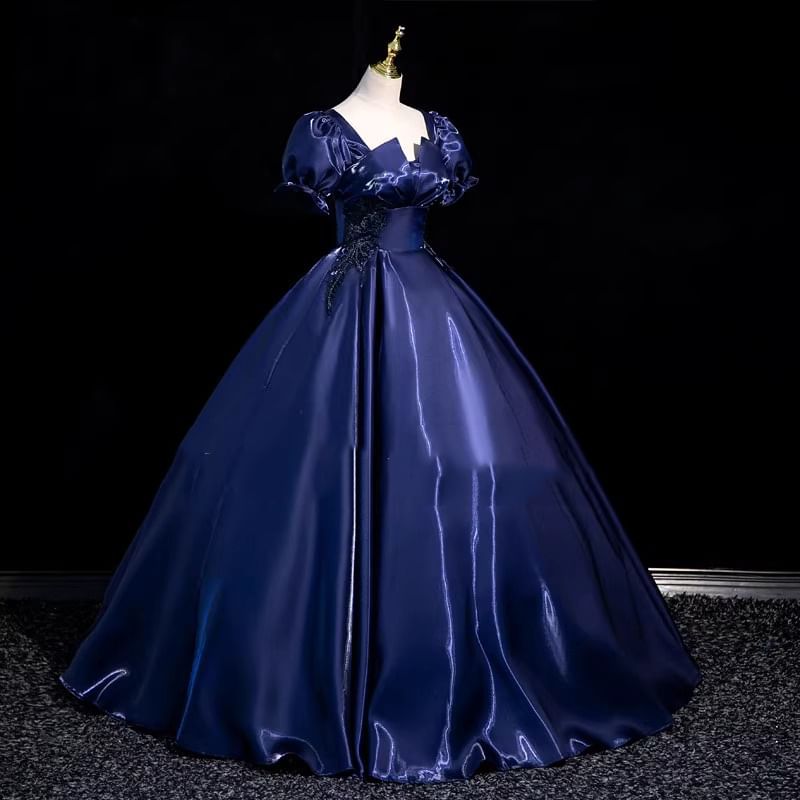 Short-Sleeve Ball Evening Neck Plain Gown Square Embroidered