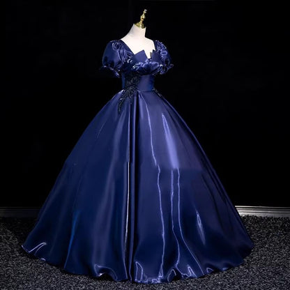 Short-Sleeve Square Neck Plain Embroidered Evening Ball Gown