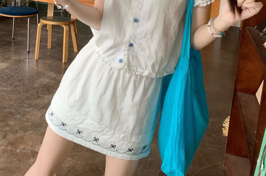 Short-Sleeve Button Shirt Paired with Mini A-Line Skirt