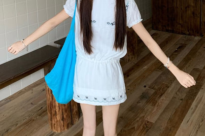 Short-Sleeve Button Shirt Paired with Mini A-Line Skirt