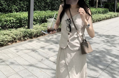 Sleeveless Solid Top with High Waist Maxi Flared Skirt