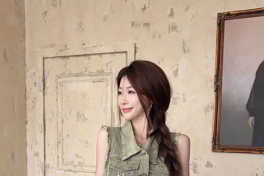 Sequin Denim Sleeveless Crop Top and Mini Skirt Duo