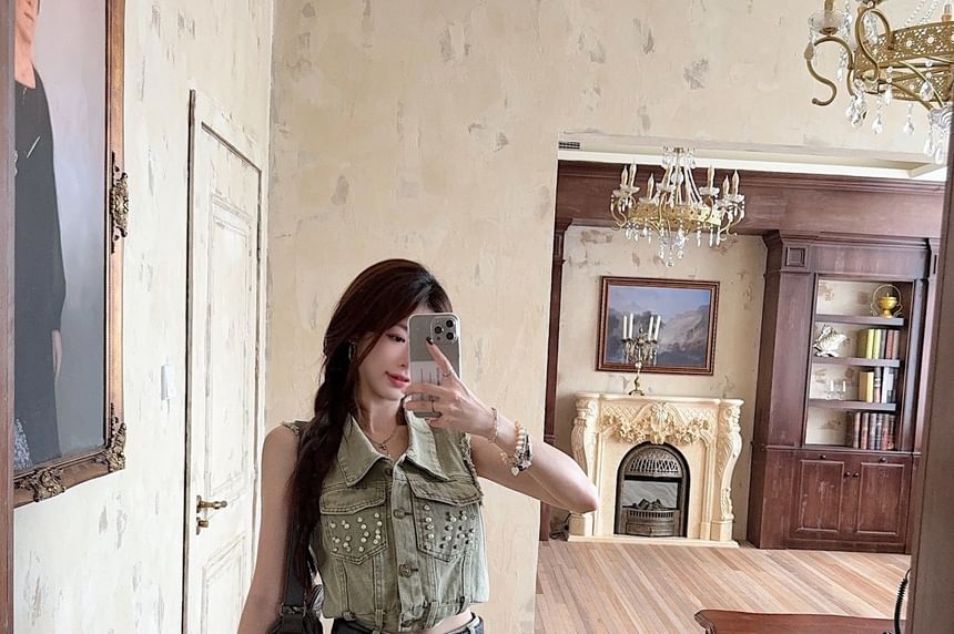 Sequin Denim Sleeveless Crop Top and Mini Skirt Duo