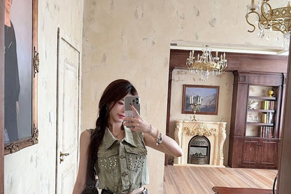 Sequin Denim Sleeveless Crop Top and Mini Skirt Duo