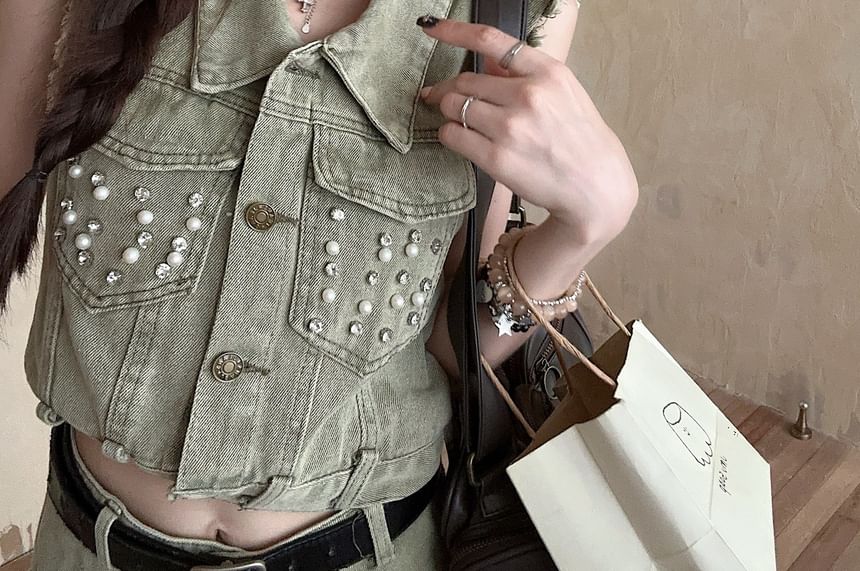 Sequin Denim Sleeveless Crop Top and Mini Skirt Duo