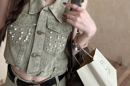 Sequin Denim Sleeveless Crop Top and Mini Skirt Duo