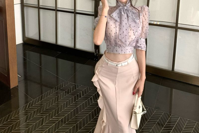 Dotted Crop Top, High Waist Mermaid Maxi Skirt, and Belt Set