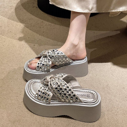 Rhinestone Cross Strap Sandals Platform