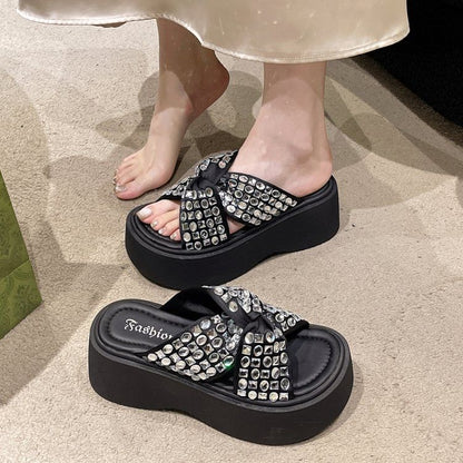 Rhinestone Cross Strap Sandals Platform