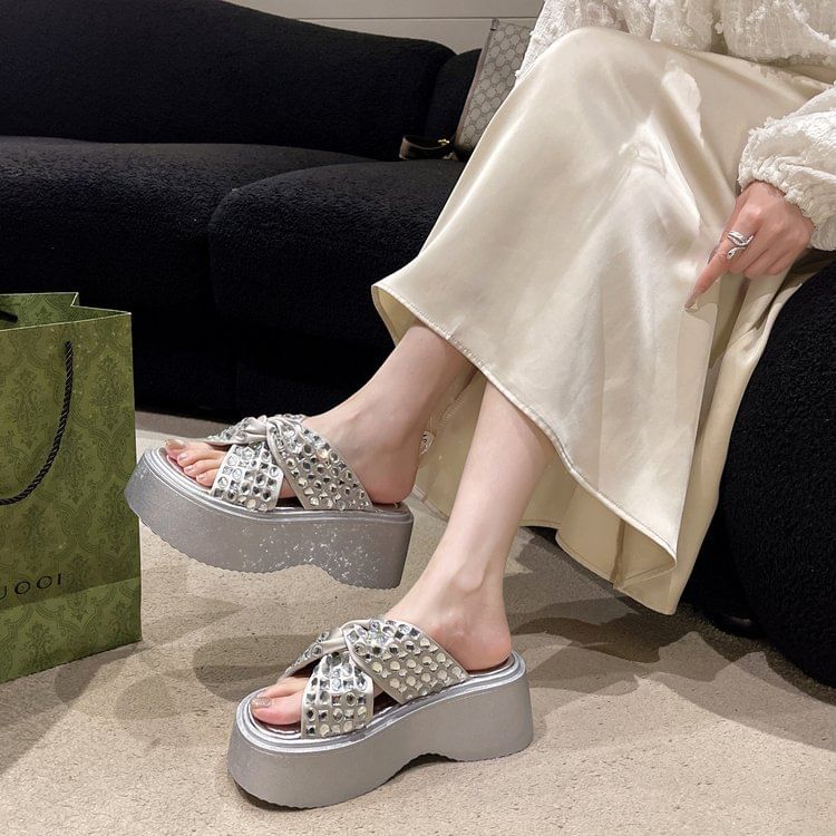 Rhinestone Cross Strap Sandals Platform
