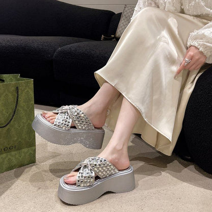 Rhinestone Cross Strap Sandals Platform