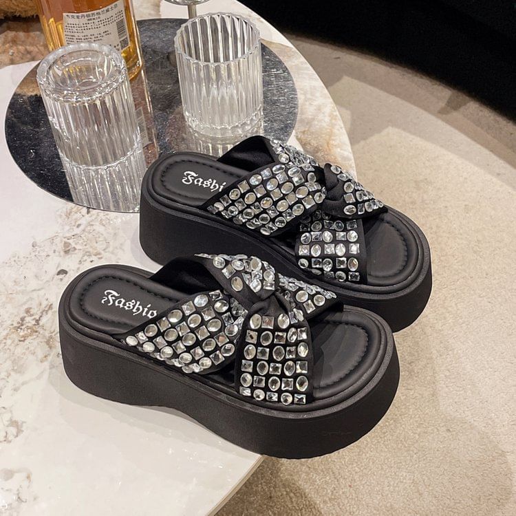 Rhinestone Cross Strap Sandals Platform