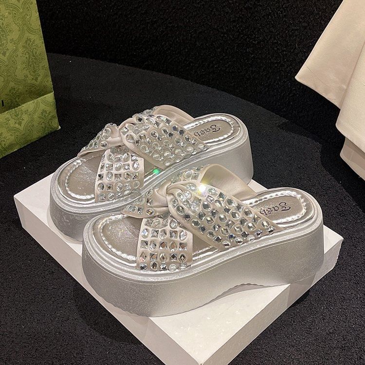 Rhinestone Cross Strap Sandals Platform