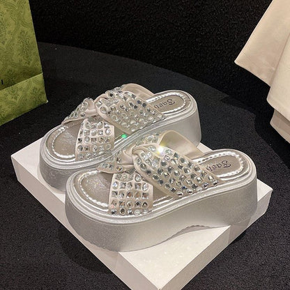 Rhinestone Cross Strap Sandals Platform