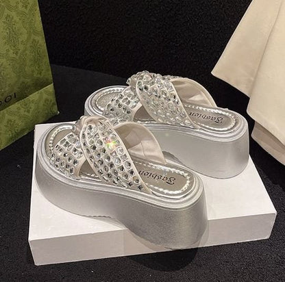 Rhinestone Cross Strap Sandals Platform