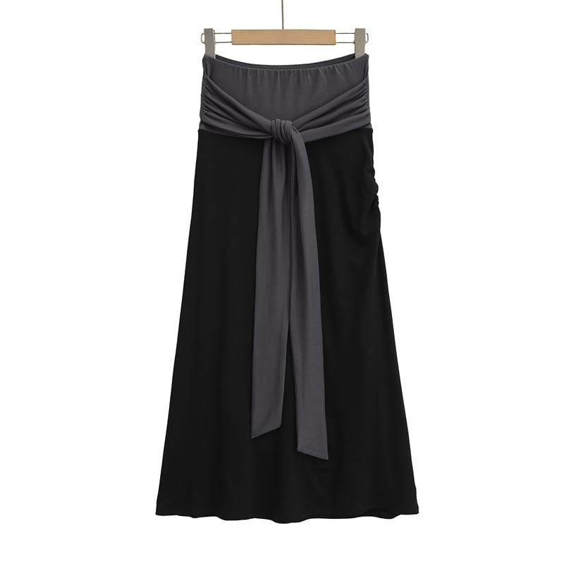 Elevated Waist Knit Layered Flared Long Skirt