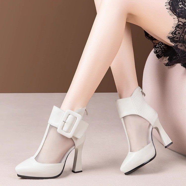 Mesh Buckled Platform Short Panel Pointed Toe Boots