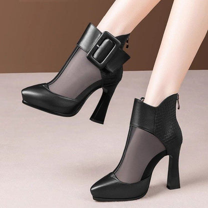 Mesh Buckled Platform Short Panel Pointed Toe Boots