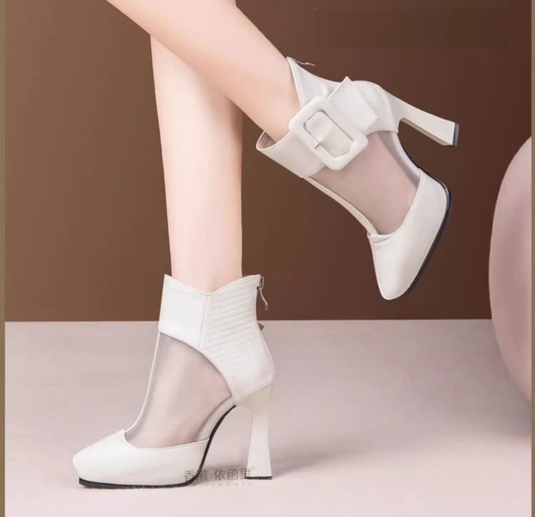 Mesh Buckled Platform Short Panel Pointed Toe Boots