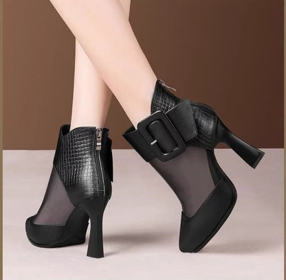 Mesh Buckled Platform Short Panel Pointed Toe Boots