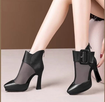 Mesh Buckled Platform Short Panel Pointed Toe Boots