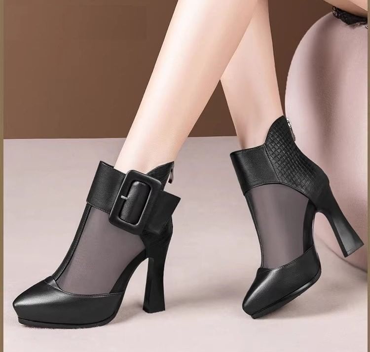 Mesh Buckled Platform Short Panel Pointed Toe Boots