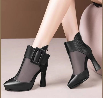 Mesh Buckled Platform Short Panel Pointed Toe Boots