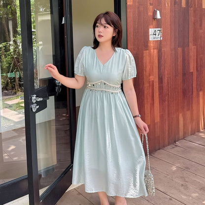 Short Sleeve V-Neck Sequin Midi A-Line Dress