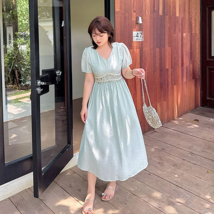 Short Sleeve V-Neck Sequin Midi A-Line Dress