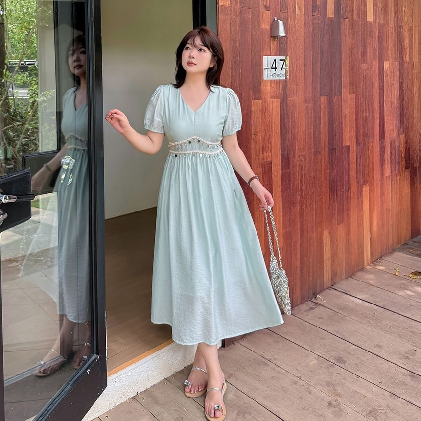 Short Sleeve V-Neck Sequin Midi A-Line Dress