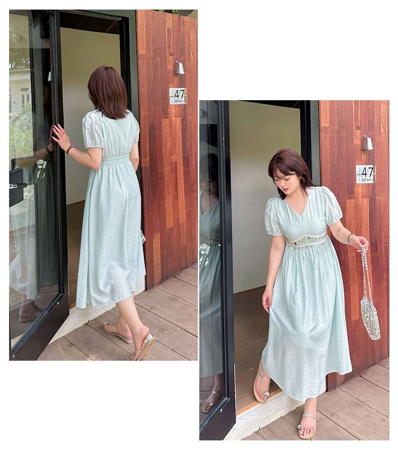 Short Sleeve V-Neck Sequin Midi A-Line Dress