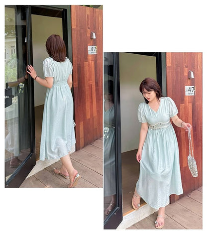 Short Sleeve V-Neck Sequin Midi A-Line Dress