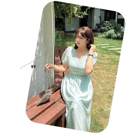 Short Sleeve V-Neck Sequin Midi A-Line Dress