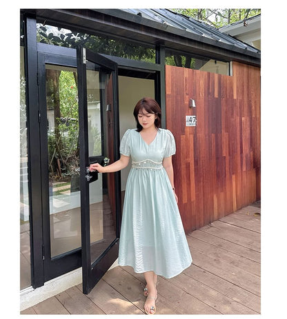 Short Sleeve V-Neck Sequin Midi A-Line Dress